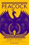 „PEACOCK“ oben in Großbuchstaben. Eine stilisierte Pfauenillustration in Lila und Gold verziert das Bild.