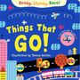 "Ready, Steady, Race! Things That GO!" Illustration mit bunten Fahrzeugen, Flugzeug oben, Zug unten, spielerisches Layout., Buch