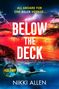 Oben Text: "ALL ABOARD FOR ONE KILLER VOYAGE... BELOW THE DECK." Palmen, Wasser und Blitze bei Sonnenuntergang., Buch