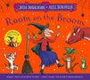 „Room on the Broom“ in blau auf orange. Hexe mit Besen und Tierfreunden. Drachen entzündet. Feierlich 25 Jahre., Buch