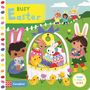 "Busy Easter" und "Push Pull Slide" sind die Texte. Illustration: Kinder mit Hasenohren, Osterkorb voller Eier und Küken.