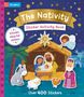 "The Nativity Sticker Activity Book", "Includes shiny foil stickers", "Over 400 Stickers". Illustration einer Krippe.