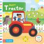 „Busy Tractor“ und „PUSH PULL SLIDE“ sind die Texte. Kind fährt Traktor, Hund, Schafherde, Hügel, Huhn, Pony. Bunt und fröhlich.