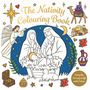 Text: "The Nativity Colouring Book" und "Bring the Nativity to life with Colour". 

Illustration der Geburt Jesu mit Engel, Hirte und Tieren.