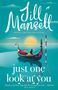 „Jill Mansell“, „just one look at you“. Illustration: Gondel bei Sonnenuntergang mit Katze und Blumen.