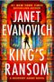 Text: "JANET EVANOVICH, THE KING'S RANSOM, A Recovery Agent Novel." Bunte, antike Säulen und Silhouette einer Frau.