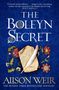 "Alison Weir. The Boleyn Secret. Cover to be revealed." Goldene Blumenmuster auf blauem Hintergrund.