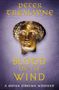 Text: "Peter Tremayne, Blood on the Wind, A Sister Fidelma Mystery." Eine antike Statue mit einem goldenen, ausdrucksstarken Gesicht., Buch