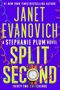 "JANET EVANOVICH SPLIT SECOND" steht in großen Buchstaben vor knalligem Hintergrund, umrahmt von bunten Spiralkabeln., Buch