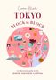 Titel: "TOKYO BLOCK by BLOCK". Runde Illustration mit japanischen Symbolen wie Sushi, Kirschblüte und Tokyo Tower., Buch