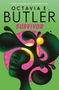 Text: "THE VISIONARY BESTSELLER OCTAVIA E. BUTLER SURVIVOR". Illustration: Abstrakte, grüne Gesichtsform vor buntem Hintergrund., Buch