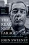 Text: „Cover to be revealed“, „The Real Nigel Farage“, „John Sweeney“, „Headline Press“. Blauer und weißer Hintergrund.