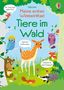 Text: "Wer trägt einen gelben Hut?", "Finde drei Eichhörnchen.", "Entdeckst du einen Honigtopf?" Illustration von Tieren im Wald., Buch