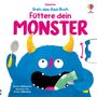 Titel: "Dreh-das-Rad-Buch: Füttere dein MONSTER".  
Illustration: Blaues Monster mit gelben Hörnern und Löffel., Buch