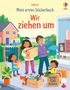 "Mein erstes Stickerbuch: Wir ziehen um; mit über 150 Stickern." Eine Familie mit Umzugskartons, ein Haus im Hintergrund., Buch