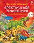 Text: "Der große Stickerspaß: Spektakuläre Dinosaurier, mit über 400 Sticker-Bauteilen, Doppelband". Illustration: Verschiedene Dinosaurier in einer lebendigen Landschaft mit rotem Himmel und fliegenden Dinosauriern., Buch