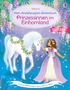 Text: "Mein Anziehpuppen-Stickerbuch: Prinzessinnen im Einhornland. GLITZER, mit über 260 Stickern, davon viele mit Glitzer." Ein Einhorn und ein Mädchen stehen in einem blumigen, glitzernden Märchenwald., Buch
