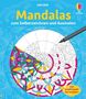 **Mandalas zum Selberzeichnen und Ausmalen**. Eine farbenfrohe Illustration eines zum Teil ausgemalten Mandalas., Buch