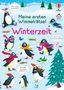 „Meine ersten Wimmelrätsel: Winterzeit“ steht auf einem winterlichen Bild mit fröhlichen, aktiv spielenden Pinguinen., Buch