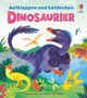 Text: "Aufklappen und Entdecken Dinosaurier", "Illustriert von KALEY MCKEAN", "Über 60 Klappen". Illustration verschiedener Dinosaurier in einer grünen Landschaft., Buch