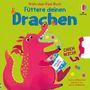 Ein roter Drache frisst bunte Kugeln aus einer Tüte, auf der "DRACHEN-HAPPEN" steht. Oben steht "Füttere deinen Drachen"., Buch
