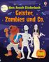 Text: "Mein Anzieh-Stickerbuch Geister, Zombies und Co." "über 200 Sticker". Drei Monsterfiguren, Vollmond, Fledermäuse., Buch