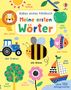 Titel: "Babys erstes Fühlbuch - Meine ersten Wörter". Illustrationen: Sonne, Apfel, Löwe, Traktor, Biene, Fisch, Boot, Baum, Blume., Buch