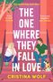 Titel: "The One Where They Fall In Love". Zwei Menschen sitzen auf einer Treppe, Frau links, Mann mit Hund rechts., Buch