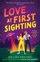 Titel: "LOVE AT FIRST SIGHTING". Zwei Personen sehen ein UFO am Nachthimmel; eine Frau mit Handy, ein Mann mit Kamera., Buch