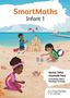 "SmartMaths Infant 1" oben. Kinder bauen eine Sandburg am Strand; ein Kind zeichnet Formen, ein anderes zählt Muscheln. Logo unten., Buch