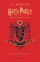 Titel in Gold: "Harry Potter and the Philosopher's Stone". Wappen von Gryffindor auf rotem Hintergrund., Buch