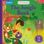 „The Jungle Book“ in lila Schrift, darüber „First Stories“. Ein Junge schwingt im Dschungel zwischen Tieren.
