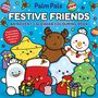 Text: "Palm Pals™ FESTIVE FRIENDS COLOURING BOOK. Cover coming soon." Weißer Text auf violettem Hintergrund., Buch
