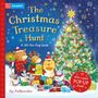 Text: "The Christmas Treasure Hunt" und "With a giant POP-UP tree!" Tiere mit Geschenken vor einem geschmückten Baum., Buch