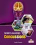 Der Text lautet: "Sports Injuries: Concussions" und "India James". Hexagone mit Sport- und Medizinbildern, Gehirnillustration., Buch