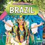 "Life and Traditions in BRAZIL." Eine Frau in einem farbenfrohen Federnkostüm tanzt freudig. Unten links ein Autorenname., Buch