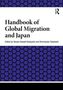 Text: "Handbook of Global Migration and Japan. Edited by Yasuko Hassall Kobayashi and Shinnosuke Takahashi."  
Hintergrund: Blaues Sechseckmuster., Buch