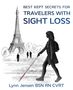 "Best Kept Secrets for Travelers with Sight Loss." Eine Person mit Blindenstock vor dem Eiffelturm, Illustration.