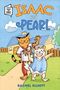 "Isaac and Pearl" in großen Buchstaben, Illustration zweier freundlicher Katzen vor einem gelben Haus mit Garten.