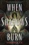 "WHEN SHADOWS BURN" von Vanessa Le. Dunkle Flügel und Krone, gotische Ruine in der Mitte; dramatisch, mystisch., Buch