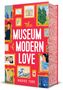 Text: „The Museum of Modern Love“, „Mariko Turk“. Illustrationen: Personen in Bilderrahmen, Stadtansicht, Natur, Welle.