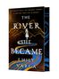„The River She Became“ von Emily Varga; Silhouette einer Figur auf blauem, geschwungenem Pfad vor goldener Landschaft.