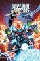 "IMPERIAL GUARDIANS" oben, darunter fünf Superhelden in Aktion. Eine Figur auf einem Motorrad, Flammen und Energieeffekte., Buch