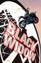 Text: "BLACK WIDOW". Eine Frau auf einem Motorrad springt und schießt, vor einem zersplitternden Hintergrund. Illustration., Buch