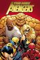 „The New Avengers“ in gold. Helden posieren dynamisch, darunter ein steiniger Riese, eine blonde Frau und ein maskierter Mann., Buch