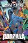 "MULTIVERSE ROLE-PLAYING GAME," "GODZILLA SOURCEBOOK." Illustration: Superhelden kämpfen um Godzilla in einer Stadt., Buch