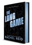 Text: "THE LONG GAME", "INTERNATIONAL BESTSELLER", "NEW YORK TIMES BESTSELLING AUTHOR", "RACHEL REID". Schwarzes Cover, blaue Schrift., Buch