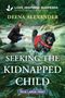 "SEEKING THE KIDNAPPED CHILD," Illustration: Mann kniet auf einem Felsen in einem Fluss, Hund mit "SEARCH + RESCUE"-Weste.
