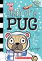 „Diary of a Pug: Pug’s Snow Day“. Ein niedlicher Mops im Schnee mit blauem Schal und Kapuze. Oben ein lachender, pinker Hund.