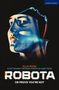 "Ella Road, Robota", Illustration eines blauen Gesichts mit Lichtbogen, minimalistisch und futuristisch.